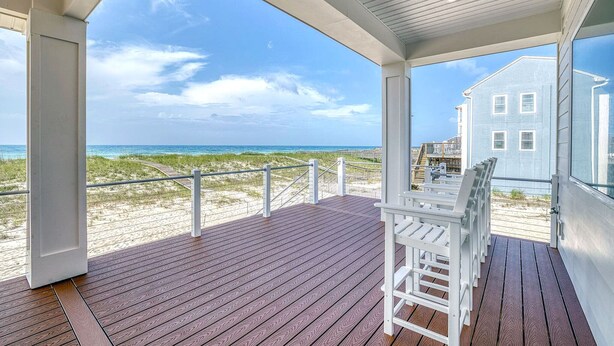 A wooden deck with a view of the beach and ocean. - A Bitter Acorn: Newly Built, Gulf Front Home | Navarre Beach (Navarre Beach)