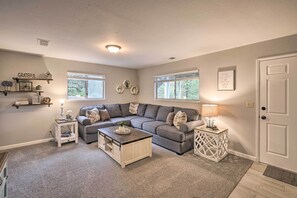 TV, fireplace - Forest-View Deck + Fire Pits: Pine Grove Retreat! (Pine Grove)