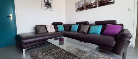 TV, DVD player, livros, biblioteca musical