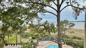 Un área de piscina con sillones de descanso, vista al océano y un árbol en primer plano.