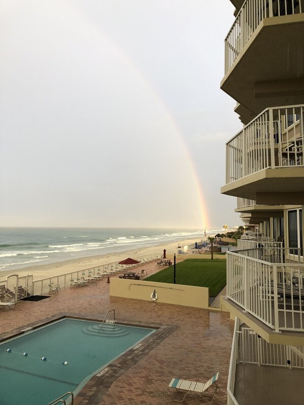 Outdoor pool, a heated pool - Oceanfront, non-drive beach, heated pool, sport courts, gym (Daytona Beach Shores)