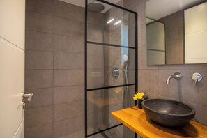 Shower, hair dryer, towels, toilet paper