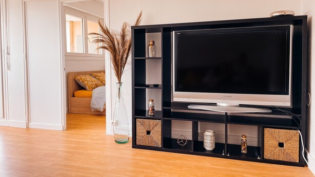 Una sala moderna con un televisor de pantalla plana sobre un soporte negro, suelo de madera y un acceso a un dormitorio con una cama y un jarrón de plumas de pampa.