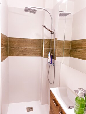 Shower, eco-friendly toiletries, hair dryer, towels