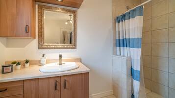 Bañera con ducha, secador de pelo, toallas, jabón