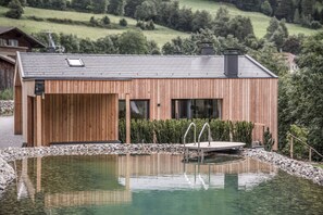 Eine moderne Holz-Blockhütte mit Schwimmbecken, umgeben von einer Steingrenze und Grünpflanzen.