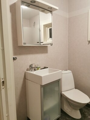 Dusche, Haartrockner, Handtücher, Toilettenpapier