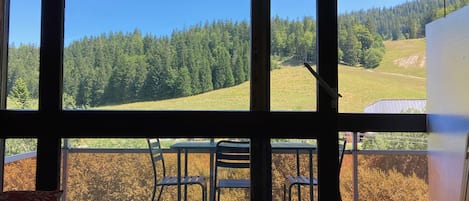 A room with large windows offering a view of a forested hillside.