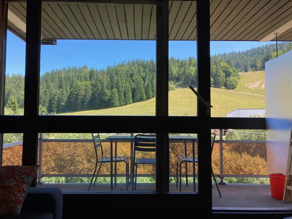 A room with large windows offering a view of a forested hillside.