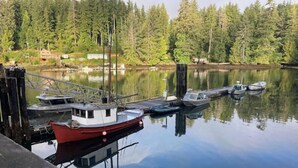 A dock with boats, a wooden pier, and a forested background. - Ocean Front wilderness Cabin, brand new - Spa bathroom, fully equipped Kitchen (Quatsino)