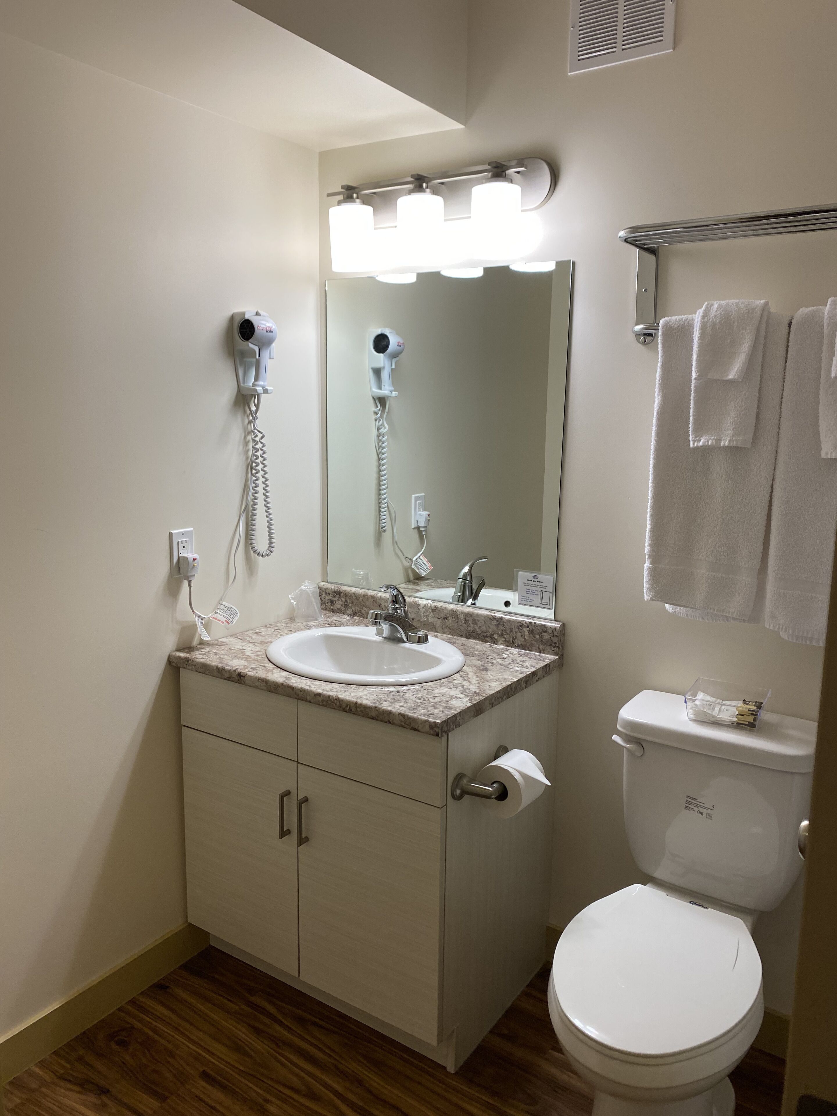 A bathroom with a sink, mirror, hair dryer, and toilet.
