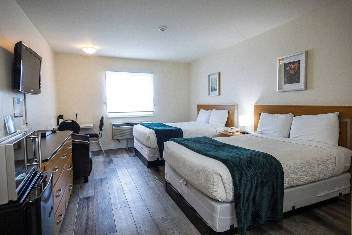 Desk, laptop workspace, blackout curtains, free WiFi