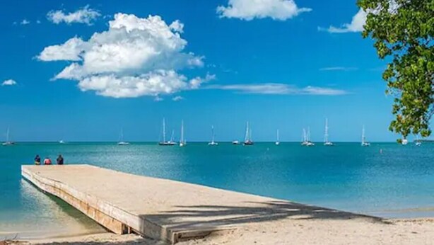 Una playa con un muelle de hormigón que se adentra en aguas turquesas tranquilas, rodeada de veleros.