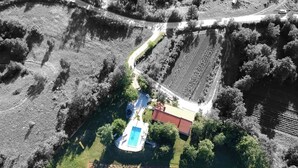 An aerial view of a property with a swimming pool, a red-roofed building, and surrounding fields. - Secluded vacation house surrounded by nature (Žminj)