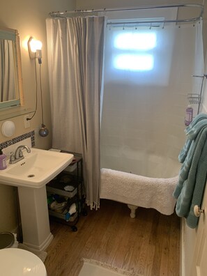 Bathroom features a sink, mirror, and shower area with a towel rack.