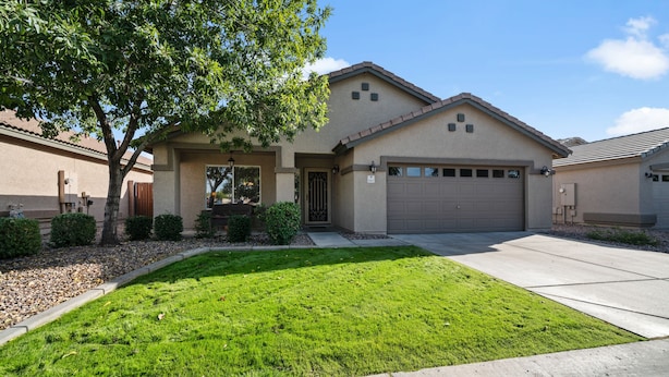 A residential house with a garage, a well-maintained lawn, and a tree in the front yard. - Cozy 3BR, 2BA house in a quiet, gated Alta Mesa Community. (Mesa)