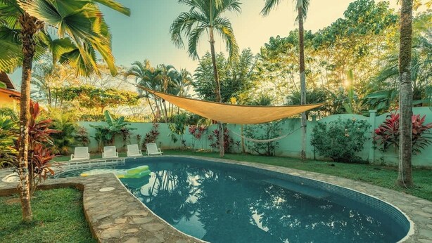 Una piscina con borde de piedra, rodeada de plantas tropicales y palmeras.