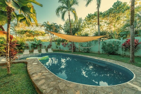 A swimming pool with a stone border, surrounded by tropical plants and palm trees.