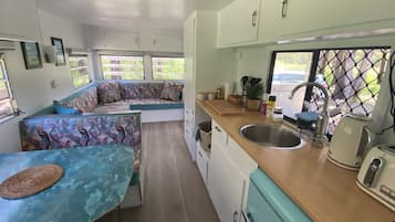 Fridge, stovetop, electric kettle, toaster