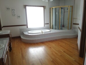 Bathtub, hair dryer, towels, soap