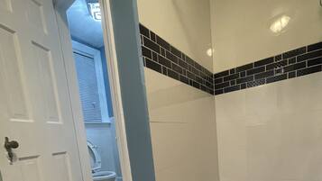 Combined shower/bathtub, hair dryer, towels, soap