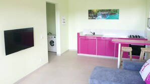 Un espace de vie compact comprenant un téléviseur à écran plat, un lave-linge, une kitchenette avec des placards roses et un canapé bleu.