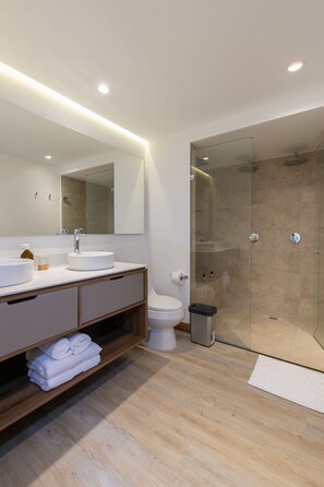Bathtub, hair dryer, towels, soap
