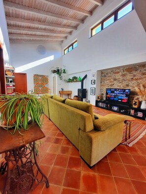 Ein geräumiges Wohnzimmer mit hoher Decke, einem Kamin und einem Fernseher, der 'EVERYTHING' anzeigt.