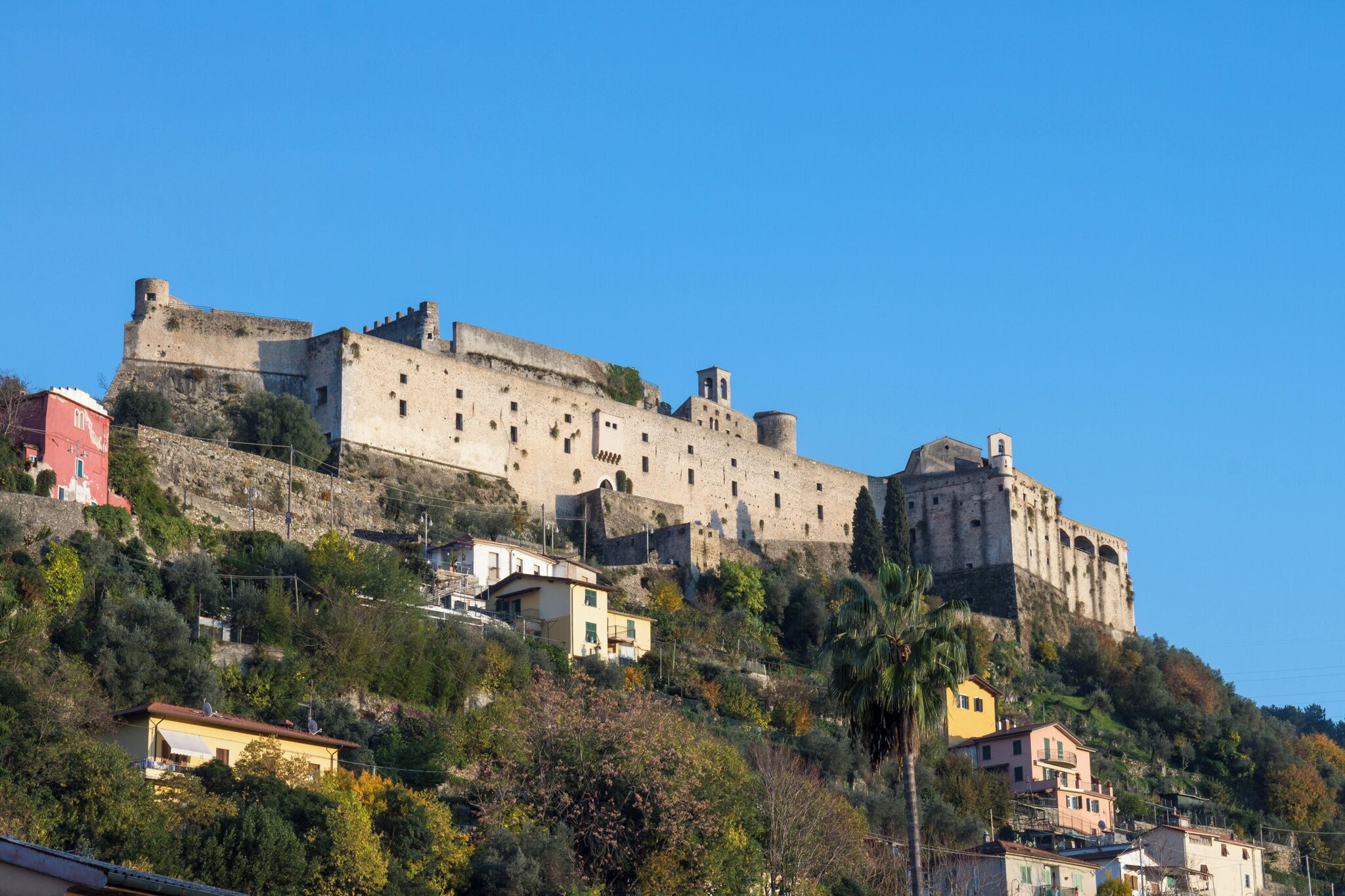 Eine historische Steinburg mit mehreren Türmen und Zinnen, umgeben von Wohnhäusern an einem Hang.