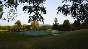 A tennis court surrounded by trees and grass.