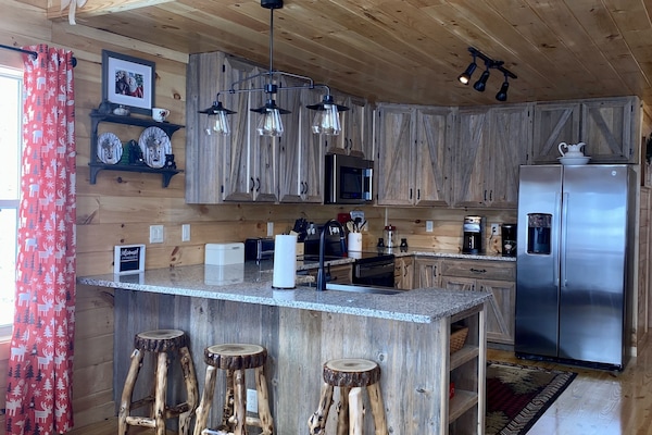 Large Modern Kitchen w/ custom made cabinets from local barn wood.