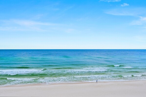On the beach, sun loungers