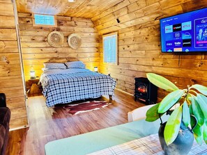 Een knus kamer in chaletstijl met een bed, een aan de muur bevestigde televisie, een kleine open haard en een bloempot.