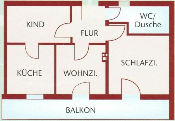 Een plattegrond met aangeduide kamers, waaronder een keuken, woonkamer, badkamer en balkon.