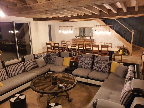 TV, fireplace, table football, ping pong