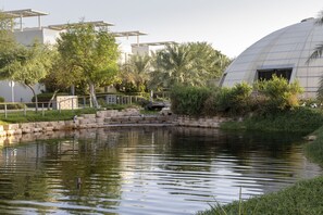A water feature with a small bridge, surrounded by greenery and modern architecture.