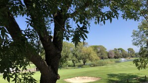 Un parcours de golf avec un chemin bien défini, une clôture en bois et un étang agrémenté d’une fontaine.