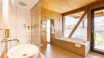 Shower, jetted tub, hair dryer
