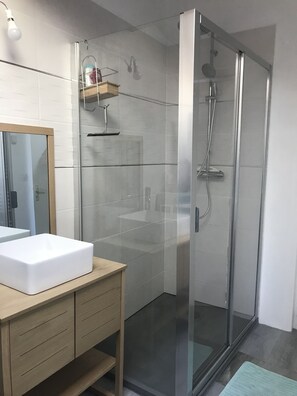 Regadera, secadora de cabello, papel de baño 