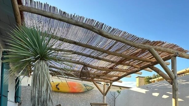 A wooden deck with a thatched roof, a table and chairs, and a large potted plant.