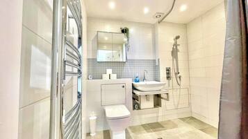 Eco-friendly toiletries, hair dryer, towels, soap