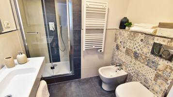 Shower, hair dryer, bidet, towels