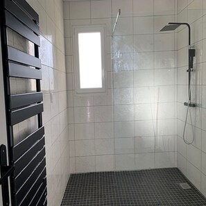 Chuveiro, secador de cabelo, sabonete, papel higiênico