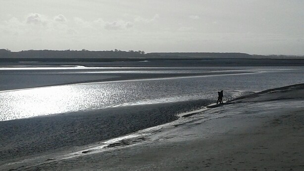 Une plage où l’on voit une personne debout sur le sable, près du bord de l’eau.