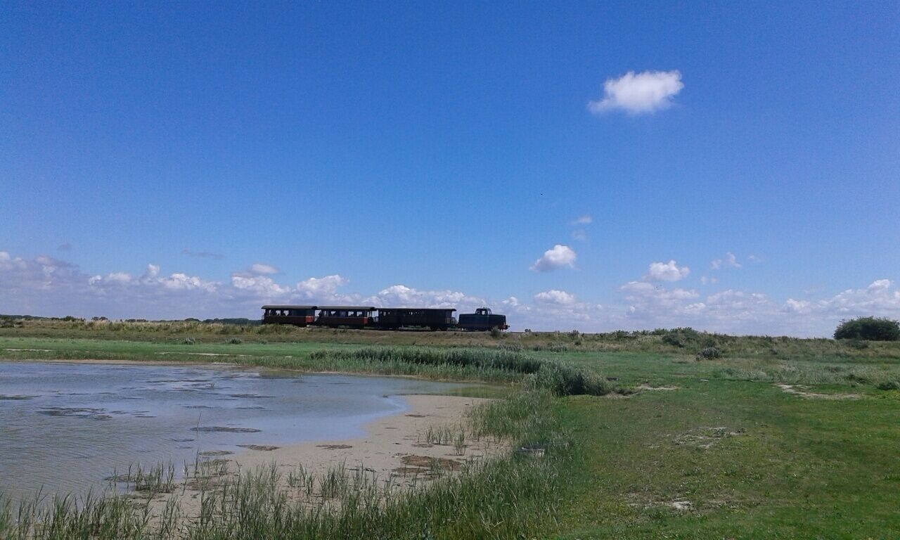 Ett tåg som färdas genom ett flackt landskap under en klar himmel.
