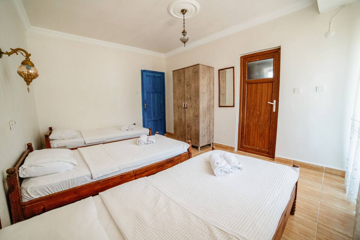 A bedroom with two wooden beds, a wardrobe, a mirror, and a blue door.