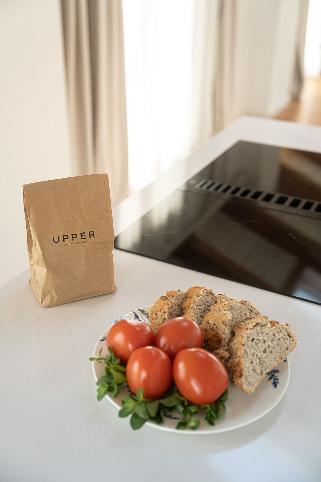 Un comptoir de cuisine avec une miche de pain, une assiette de tomates et de légumes verts, et un sac en papier brun portant l’inscription « LOGEMENTS DE LUXE HAUT DE GAMME ».
