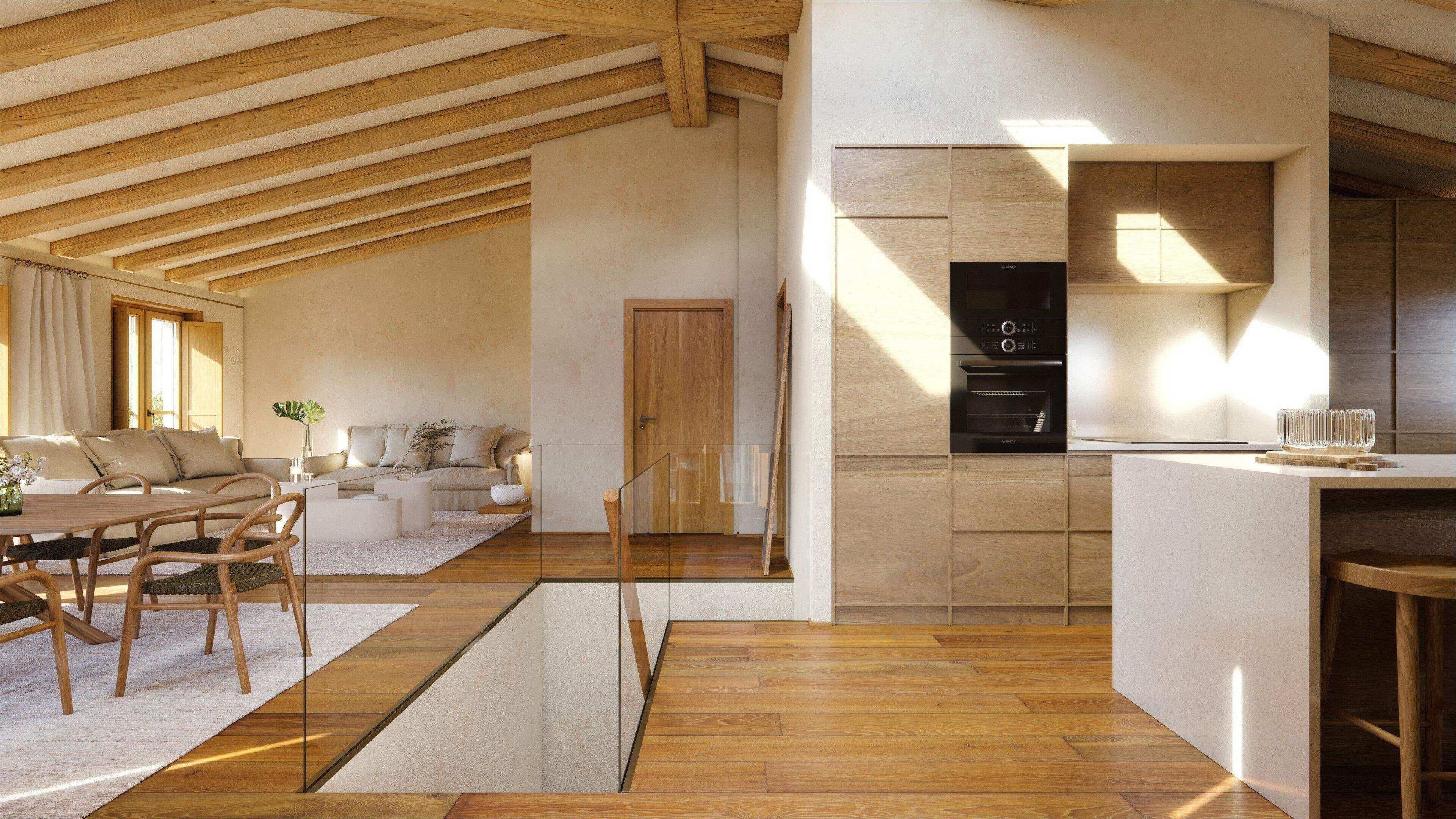 Amplia sala de estar con techo de madera, un conjunto de sofás, una mesa de comedor con sillas y una cocina con electrodomésticos integrados.