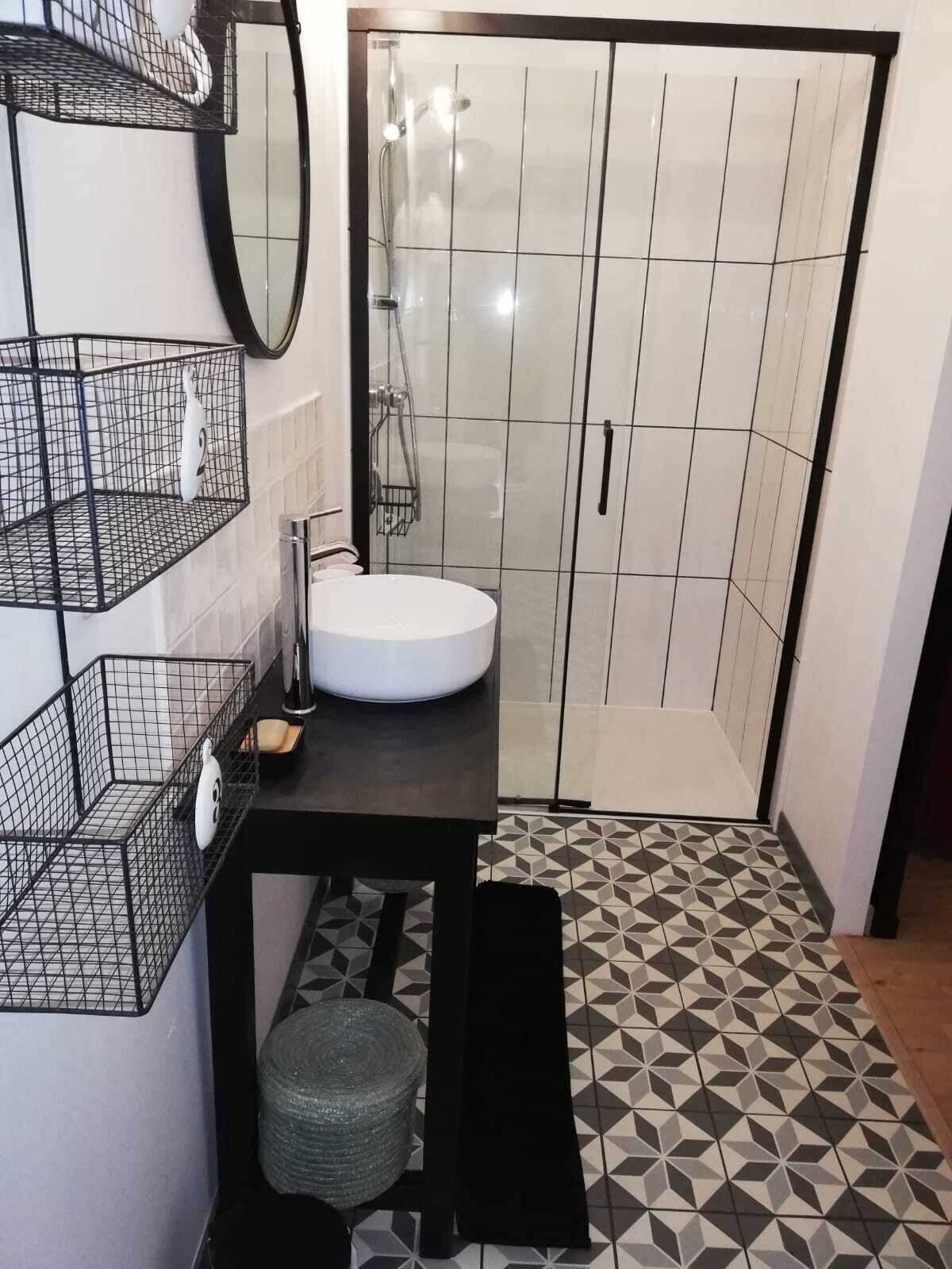 Combined shower/bathtub, hair dryer, soap, toilet paper