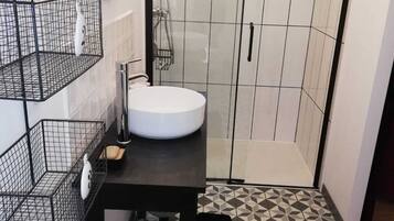 Combined shower/bathtub, hair dryer, soap, toilet paper